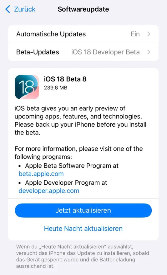 晋城苹果手机维修分享苹果 iOS / iPadOS 18 开发者预览版 Beta 8 发布 